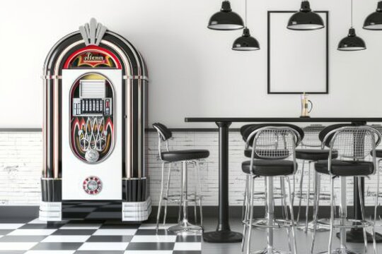 A white jukebox sits in the center of the room with retro lighting