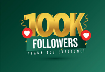 100k followers. Thank you for 100k followers on social media. 1000000 followers thank you, celebration banner with heart icons, confetti on royal green background.