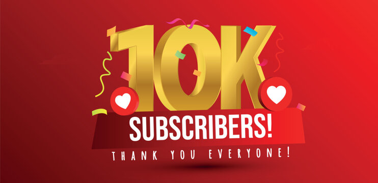 10k subscribers, followers. Thank you for Ten thousand or 10k subscribers, followers on social media. 10000 subscribers thank you, celebration banner with heart icons, confetti on dark red background