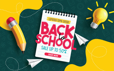 Back to school sale vector banner template. School limited time offer discount text in notebook paper with pencil, bulb and paper airplane education elements for educational items clearance shopping.