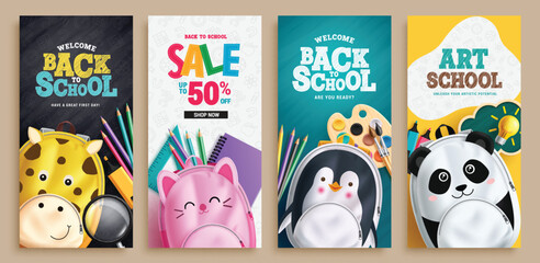 Back to school text vector poster set design. Welcome back to school, sale promotion and art school lay out collection for educational promotional flyers background. Vector illustration school 