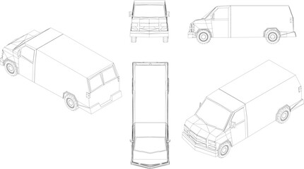 Line drawings of cars traveling in the city and various transportation vehicles from many angles.
