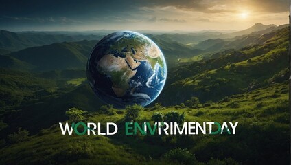 World environment day text with a full view of planet earth and nature landscape creative concept image manipulation environment day, earth day, global warming day