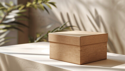 Minimalist presentation of a closed brown cardboard box on a white surface with soft shadows from plant leaves