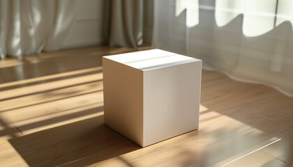 Minimalist white box illuminated by natural sunlight with shadows on a wooden floor