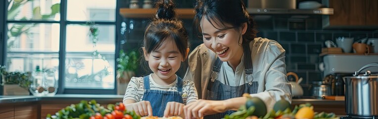 Happy Asian Family Preparing Breakfast Sandwich with Vegetables in Kitchen - Parents Teaching Daughter Cooking at Home