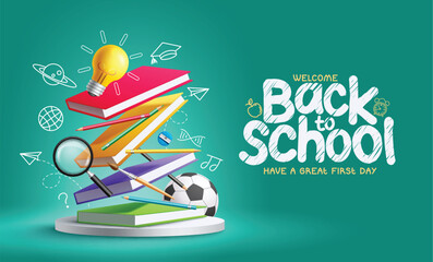 Back to school text podium vector template. Welcome back to school greeting with book, notebooks and color pencil elements in podium stage for product display presentation. Vector illustration school 