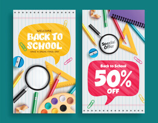 Back to school text vector poster set design. Back to school welcome greeting and sale text with educational elements, material and items for educational promotion and invitation collection. Vector 