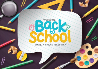 Welcome back to school vector template design. Back to school greeting text in paper notebook speech bubble shape with color pencil, water color and arts educational supplies elements. Vector 