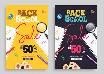 School sale text vector poster set design. Back to school sale limited time offer with 50% off promo with educational items, supplies and materials for clearance shopping collection. Vector 