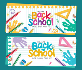 Back to school text vector banner set design. Welcome back to school greeting in colorful text with students color pencil, ruler and hand print decoration in paper space for typography. Vector 