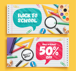 Back to school text vector banner set design. Back to school welcome greeting and sale text with educational elements, material and items for educational promotion and invitation collection. Vector 