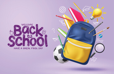 School greeting text vector template design. Welcome back to school text with students back pack, books, ball and color pencil educational supplies elements. Vector illustration school education 