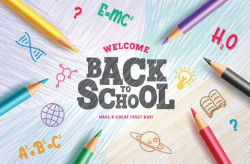 Back to school text vector background design. Welcome back to school greeting in colorful sketch space for typography with color pencil educational elements. Vector illustration school greeting 
