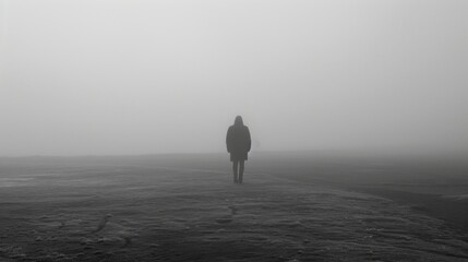 A lone figure is seen walking aimlessly in the foggy distance their silhouette haunting and melancholic.