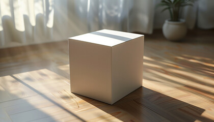 White box illuminated by sunlight on a wooden floor with plants in the background
