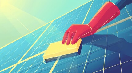 A person wearing protective gloves and eyewear carefully cleans a solar panel with a soft sponge and gentle soap ensuring that no . . - obrazy, fototapety, plakaty