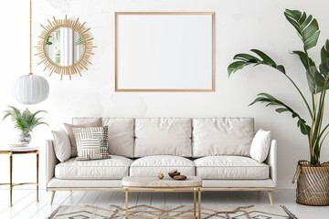 Interior design with grey couch, rectangle table, mirror, plant in picture frame