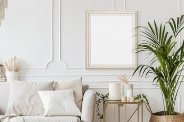 A cozy living room with a couch, table, plants, and a picture frame on the wall - obrazy, fototapety, plakaty