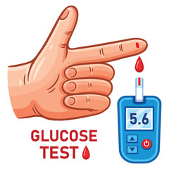Glucometer, blood glucose test meter, sugar level medical measuring from finger hand, diabetes monitoring analysis electronic device. Insulin control, diabetic diagnosis equipment. Health care. Vector