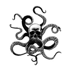 skull with tentacles hand drawing vector isolated on background.