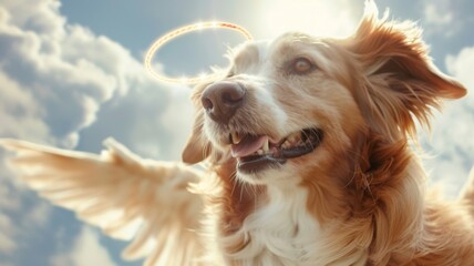 Angel Dog with Halo and Wings in Sky - A serene dog with angel wings and halo against a cloudy sky backdrop, invoking a sense of peace and divinity - obrazy, fototapety, plakaty