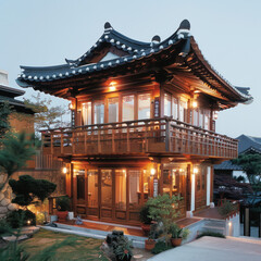 Fototapeta premium Tiny two floor timber frame house with single front doors and terrace with south korean theme design
