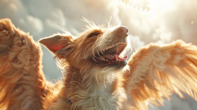 Exuberant Dog with Open Wings in Sky - A digital illustration depicting a joyful golden retriever with wings spread wide against a backdrop of clouds and sun rays