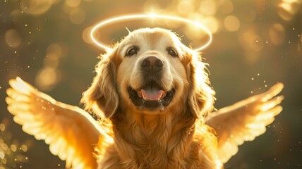 Golden Retriever with luminous wings and halo - Warm tones highlight a blissful Golden Retriever with radiant angel wings and a halo, set against a backdrop suggestive of paradise - obrazy, fototapety, plakaty