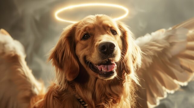 Golden Retriever with angel wings and halo - A golden retriever with fluffy angel wings and glowing halo poses against a smoky backdrop, depicting innocence
