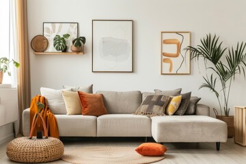 Brown couch and ottoman with plants in an orangepainted living room - obrazy, fototapety, plakaty