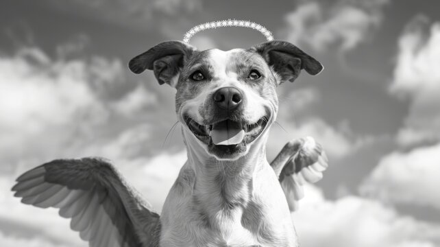 Happy dog with angel wings and halo in B&W - A joyful dog appears with angelic wings and a halo above its head, set against a dramatic black and white sky
