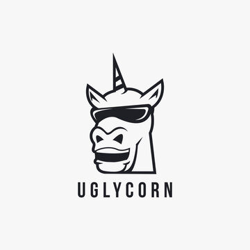 Fun laughing unicorn logo icon vector illustration template on white background