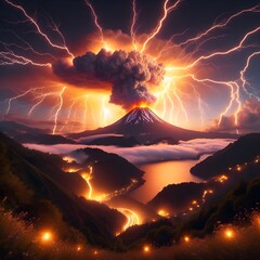France's Cantal Volcano explodes with lightning, thunder, 8k art.