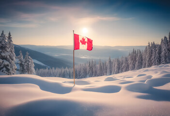 Canadian flag waving against a scenic winter landscape with snow-covered trees and a setting sun. Happy Canada Day.