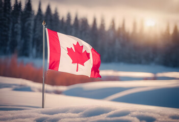 Canadian flag waving with snowy landscape and sunrise in the background. Happy Canada Day.