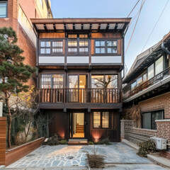 Fototapeta na wymiar Tiny two floor timber frame house with single front doors and terrace with south korean theme design
