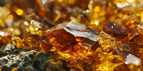 Amber close-up in detail macro texture. Abstract of sunlight passed throughout piece of rosin....