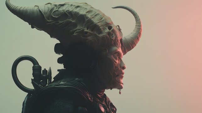 Enigmatic Demonic Portrait with Horned Creature in Dreamlike Sci-Fi Realm
