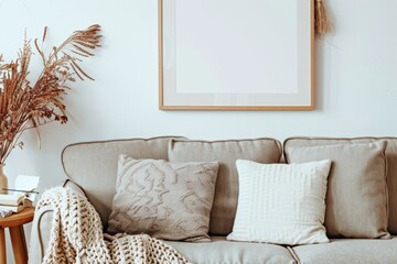 Living room with couch, pillows, picture frame on wall