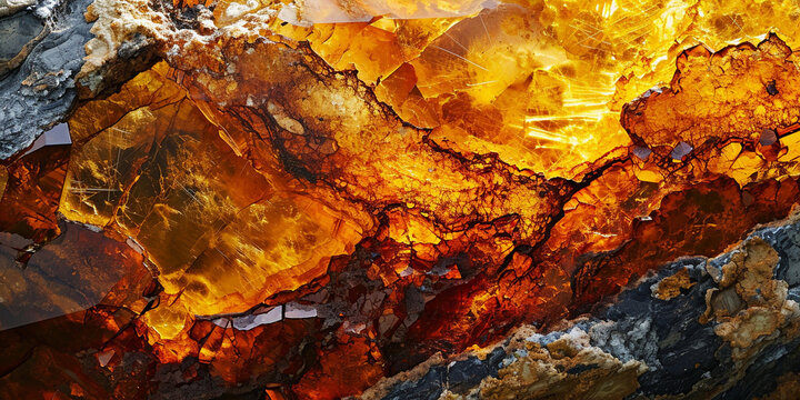 Abstract background of sunlight passed throughout piece of rosin. Natural amber texture abstract background. Panoramic closeup Baltic amber stones rectangular lie on a flat surface. Orange background