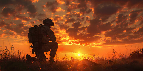 A soldier kneeling before a fallen comrade at sunset, paying tribute and showing respect.