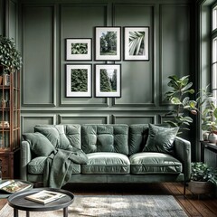 Green sofa in classic living room interior with plants.