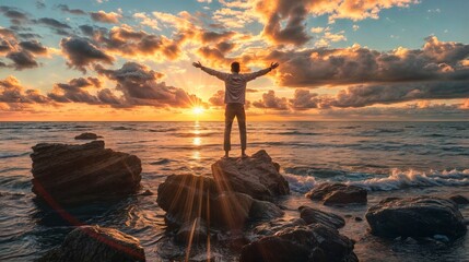 Man with raised hands standing on a rock by the sea at sunset