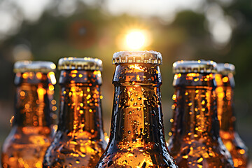 Bottles with beer on blurred background on sunset. Craft beer. Picnic, party, beer festival. Brewing. International beer day. Oktoberfest
