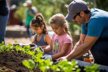 Family Planting Seedlings in Community Garden