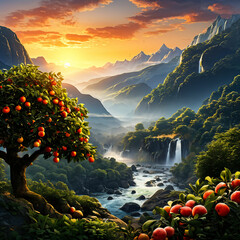 a mountains view with fruits tree in the morning with sunset, a river and waterfall, 