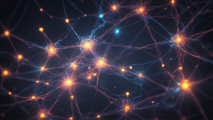 Vibrant abstract network of lights offering a futuristic feel. Abstract neural network concept with glowing nodes and connections detailed