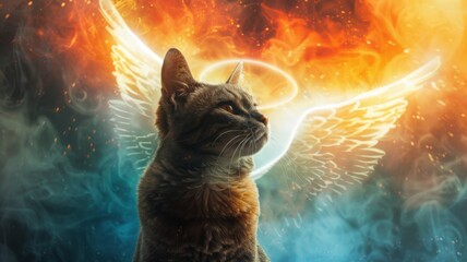 Mystic cat with angelic wings amid fiery aura - This mesmerizing image showcases a cat with angelic wings gazing at a fiery halo, symbolizing strength and transformation