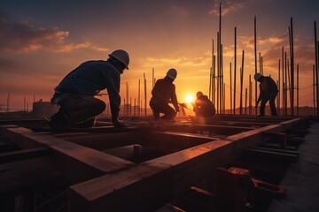 Construction Workers at Sunset on Building Site - obrazy, fototapety, plakaty